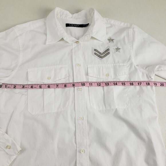 LAUREN RALPH LAUREN Military Style Shirt Womens Medium White Button Up Patches - Picture 9 of 10